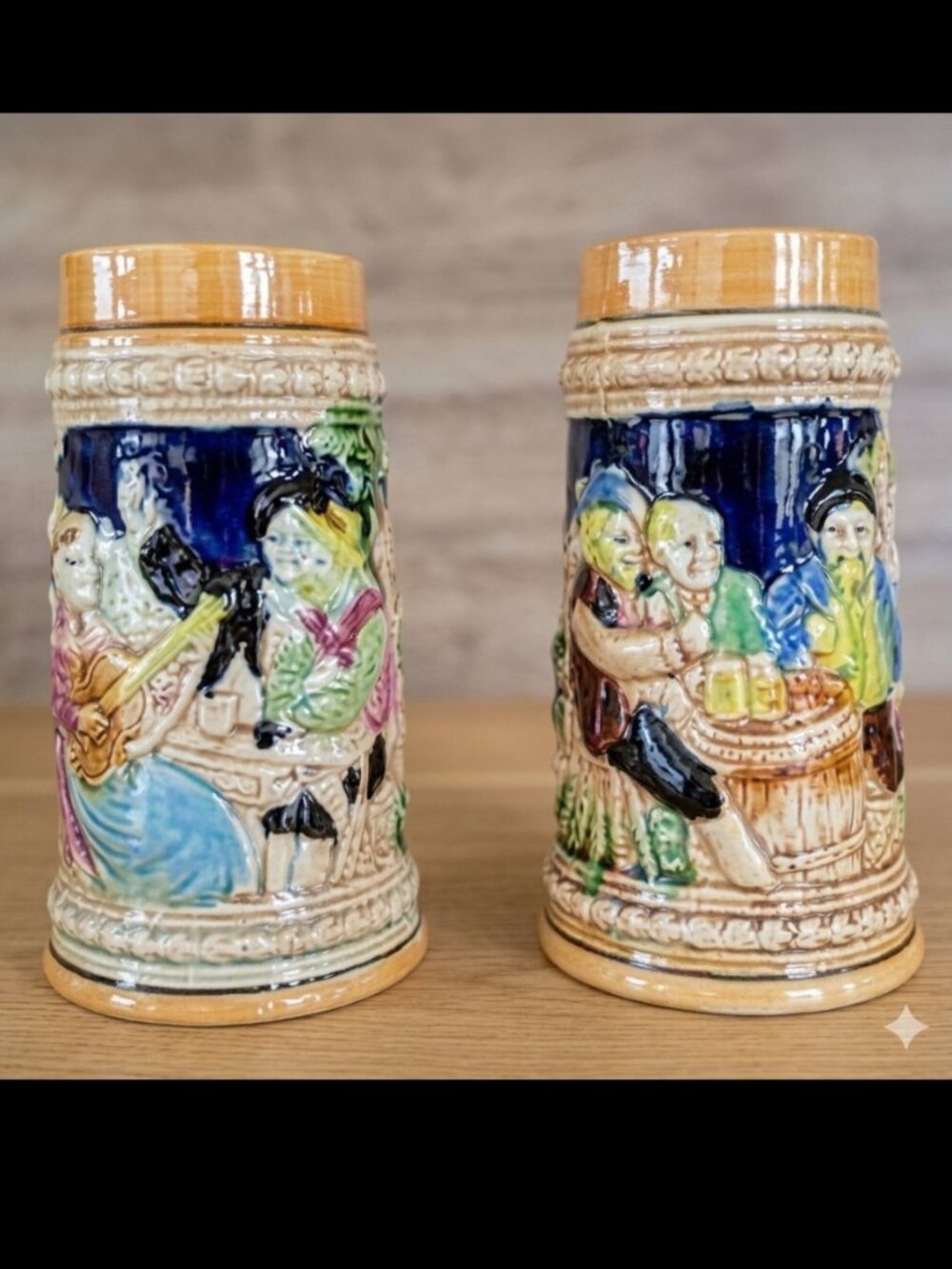 2 Vintage German Beer Steins Embossed Barware Collectibles Made in Japan 7" Tall